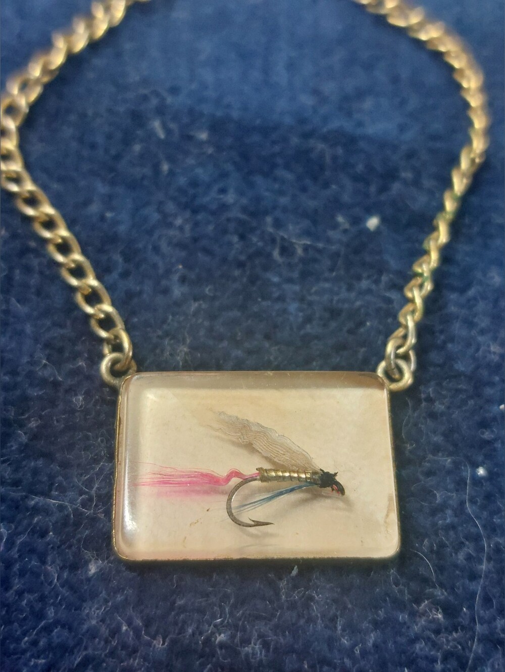 Vintage Estate Fishing Fly Tie Chain Goldtone Novelty Angler Tie Clasp, Unsigned